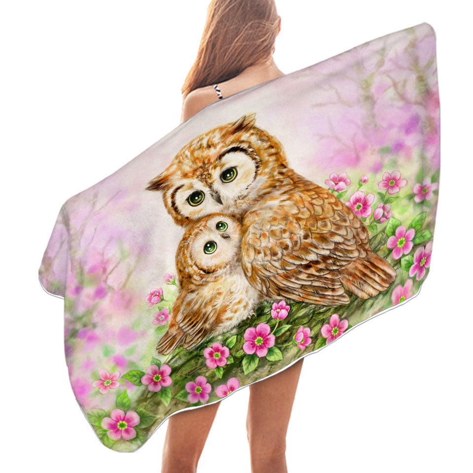 Pink Beach Towels Nature and Flowers Owls Cuddle