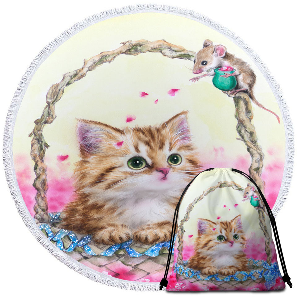 Pink Beach Towels and Bags Set Garden and Ginger Kitty Cat in a Basket