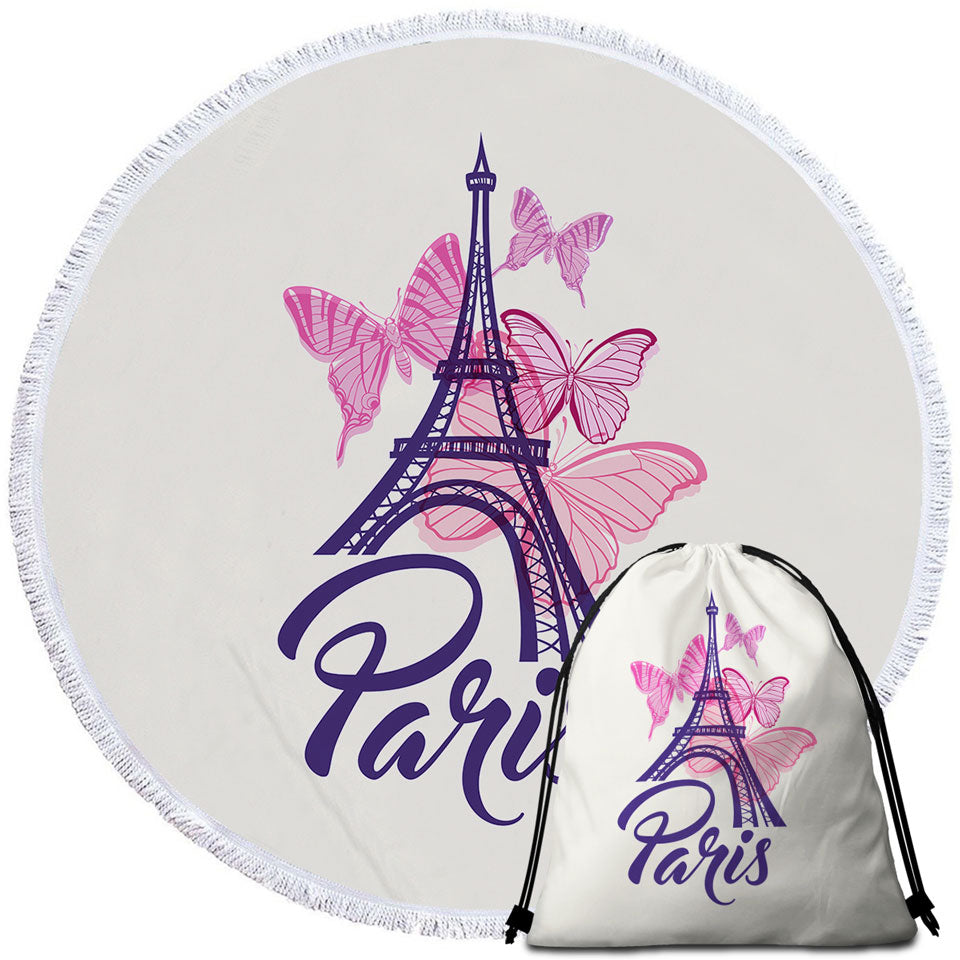 Pink Butterflies and Paris Eiffel Tower Beach Towels