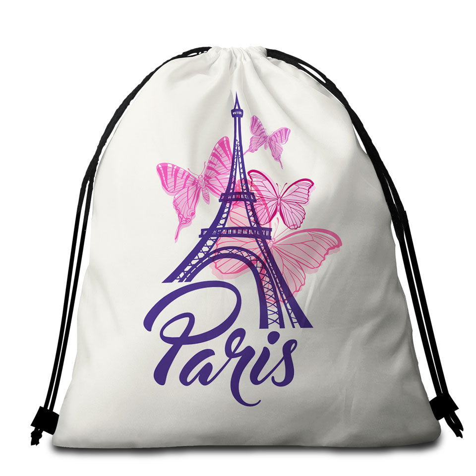 Pink Butterflies and Paris Eiffel Tower Packable Beach Towel