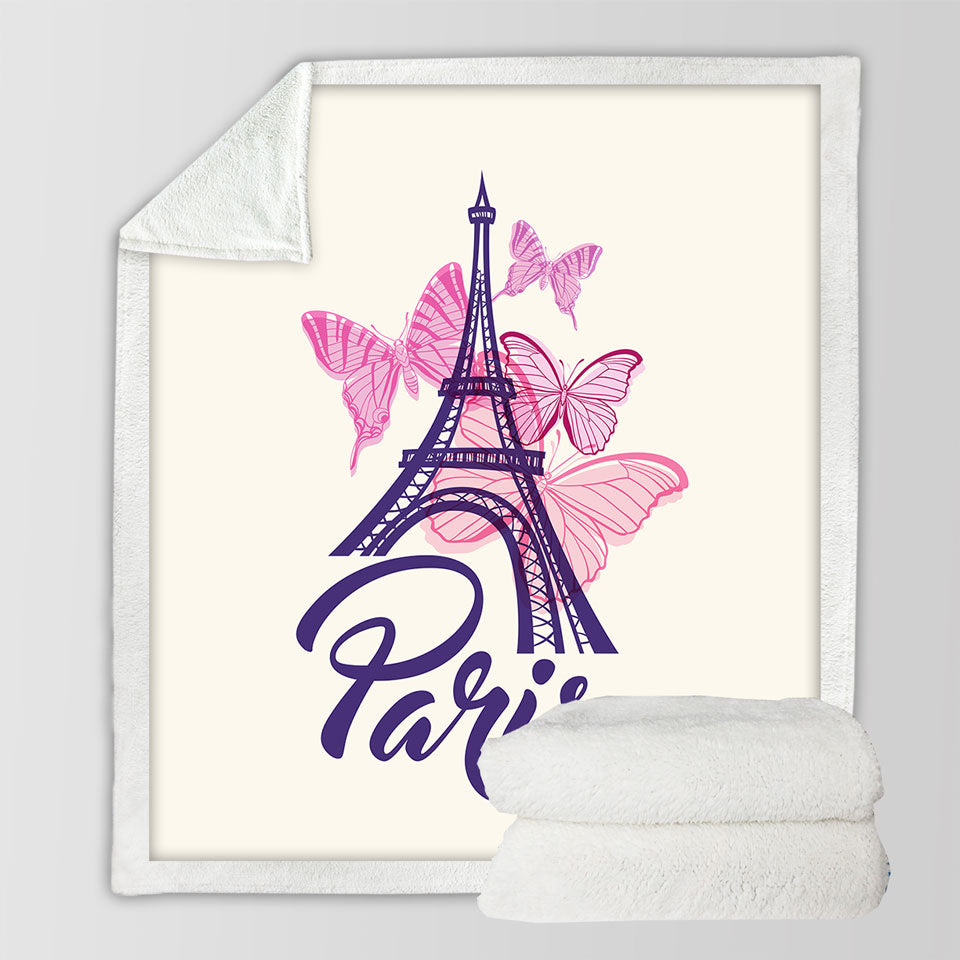 Pink Butterflies and Paris Eiffel Tower Sherpa Blanket