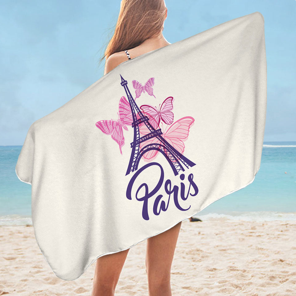 Pink Butterflies and Paris Eiffel Tower Travel Beach Towel