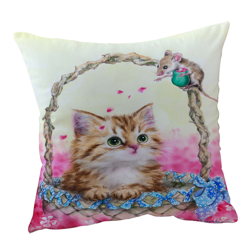 Pink Cushion Covers Garden and Ginger Kitty Cat in a Basket