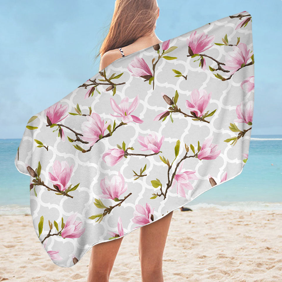 Pink Flowers Over Grey Moroccan Beautiful Beach Towels