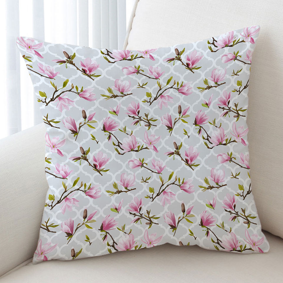 Pink Flowers Over Grey Moroccan Decorative Pillows