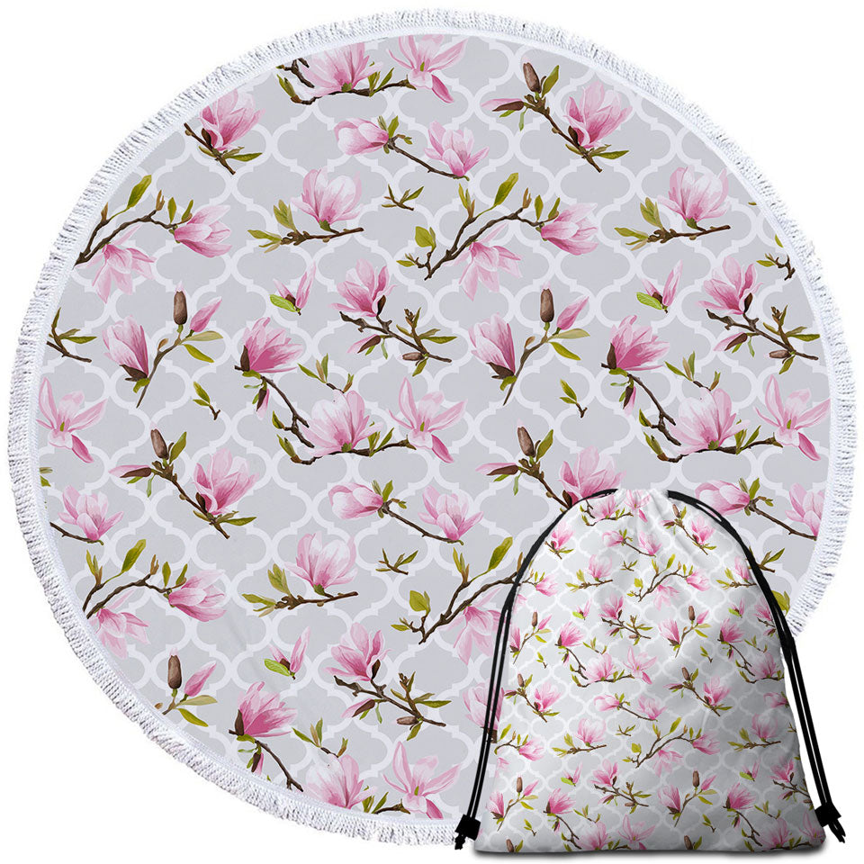 Pink Flowers Over Grey Moroccan Round Beach Towel