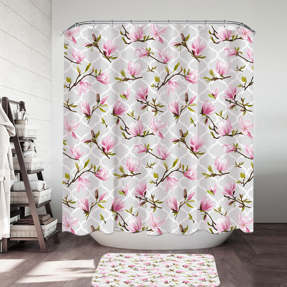 Pink Flowers Over Grey Moroccan Shower Curtain