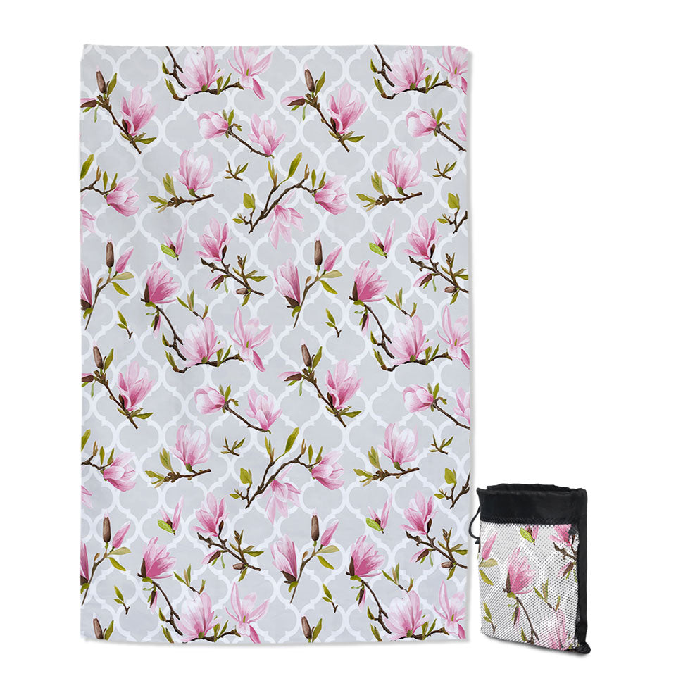Pink Flowers Over Grey Moroccan Thin Beach Towels