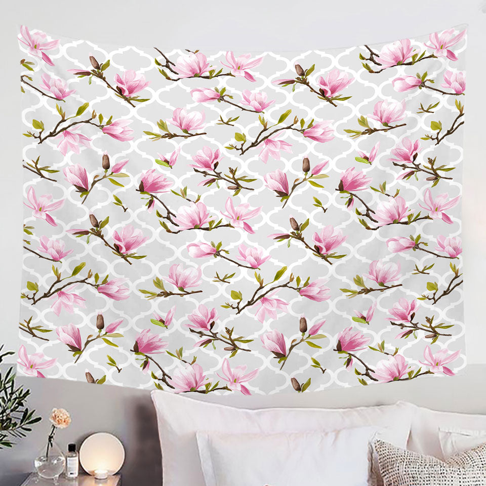 Pink Flowers Over Grey Moroccan Wall Art