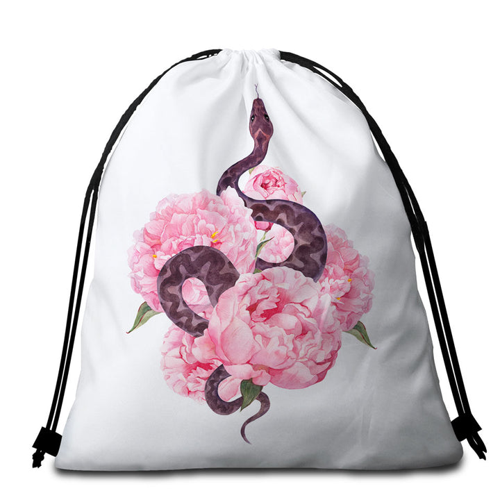 Pink Flowers Snake Beach Towel Bags