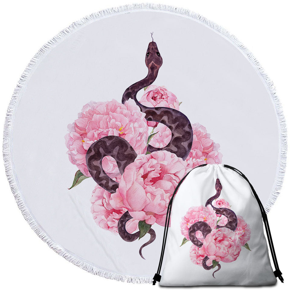 Pink Flowers Snake Beach Towels and Bags Set