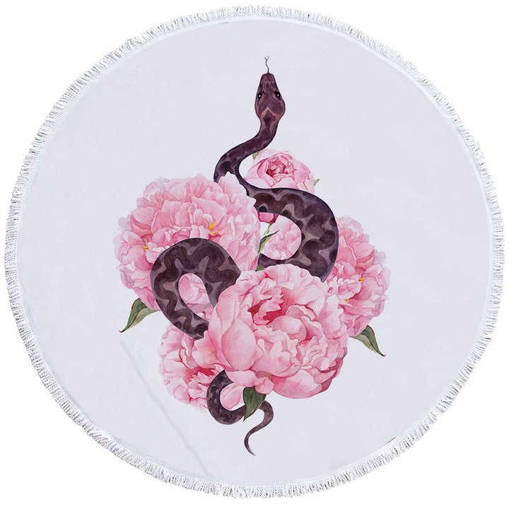 Pink Flowers Snake Round Beach Towel