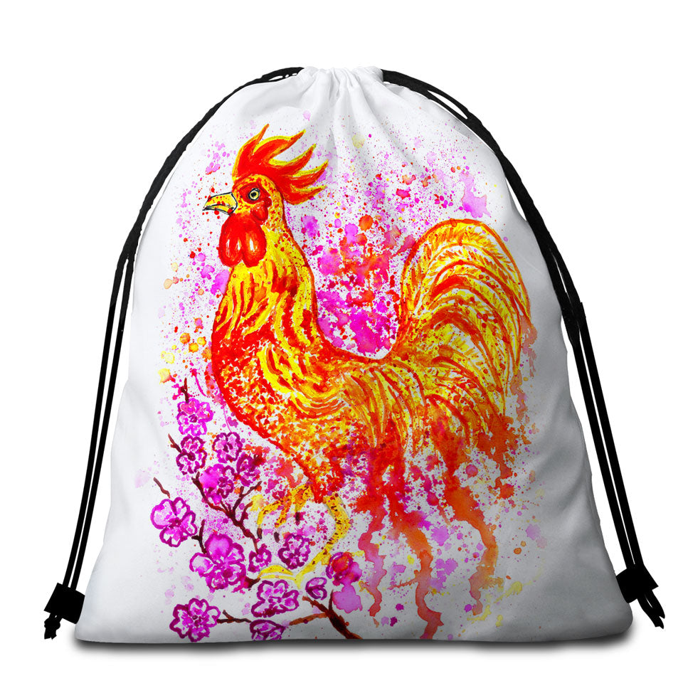 Pink Flowers and Fire Rooster Beach Towel Bags