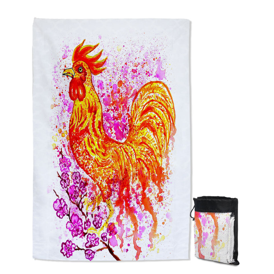 Pink Flowers and Fire Rooster Beach Towel Quick Dry