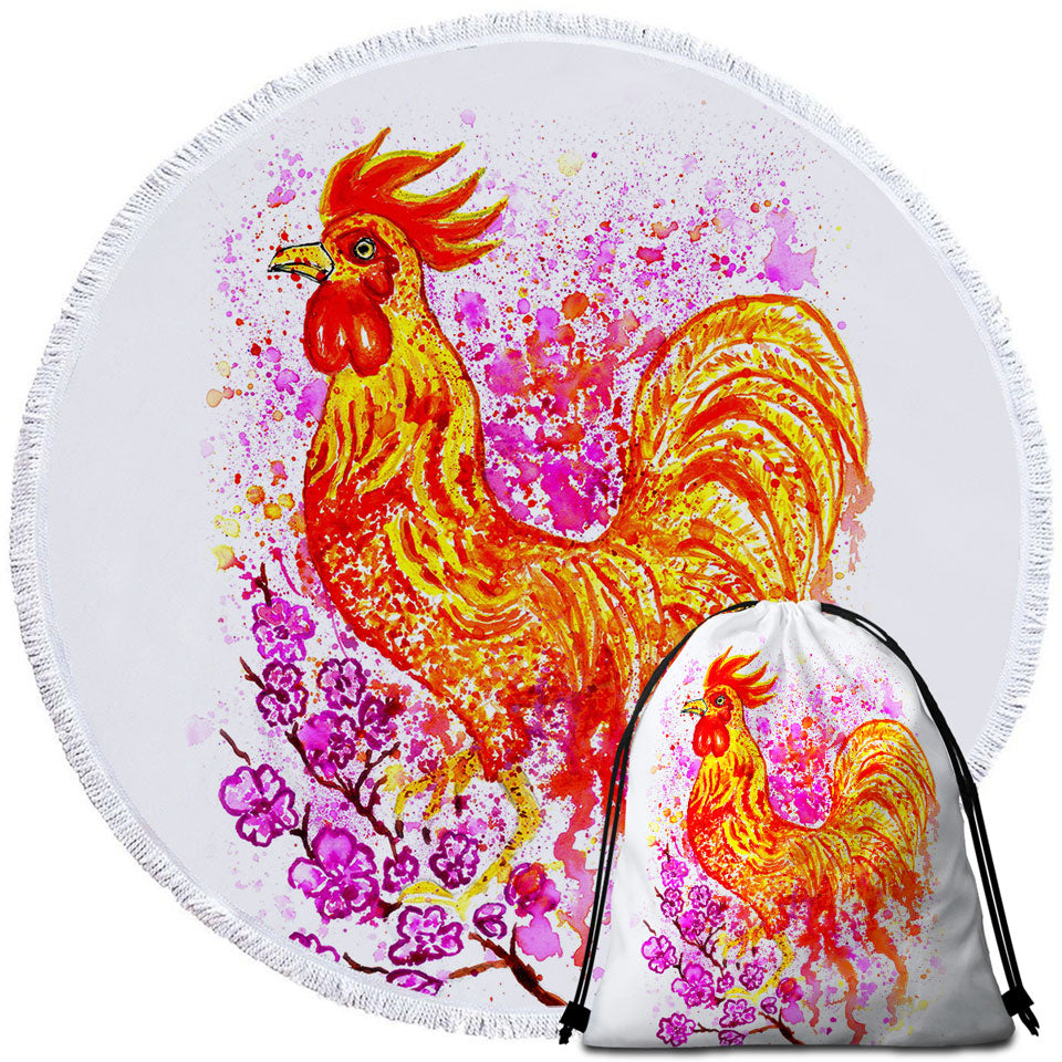 Pink Flowers and Fire Rooster Beach Towels