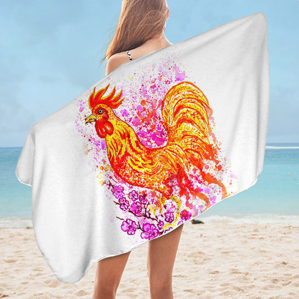 Pink Flowers and Fire Rooster Cool Beach Towel