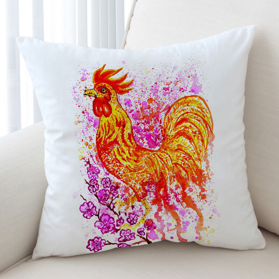 Pink Flowers and Fire Rooster Cushion