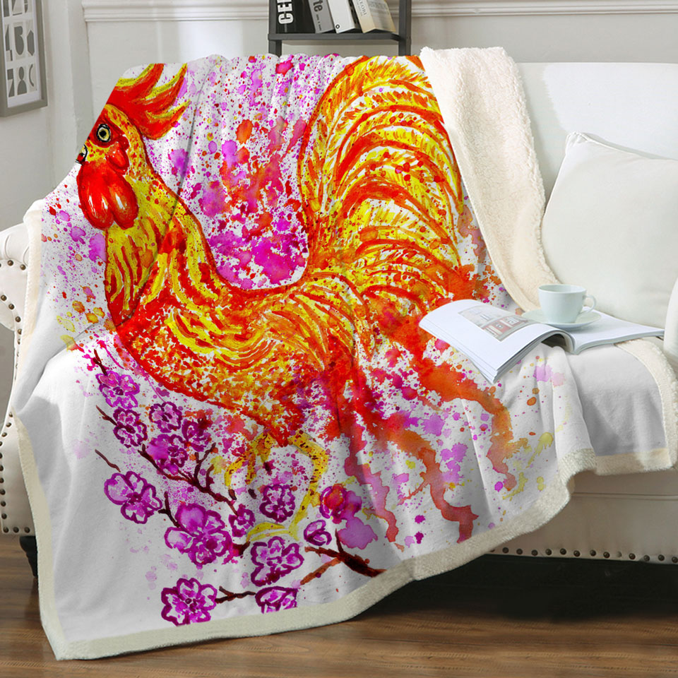 Pink Flowers and Fire Rooster Sherpa Blanket
