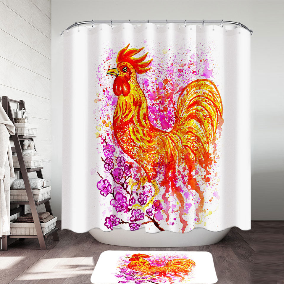 Pink Flowers and Fire Rooster Shower Curtain