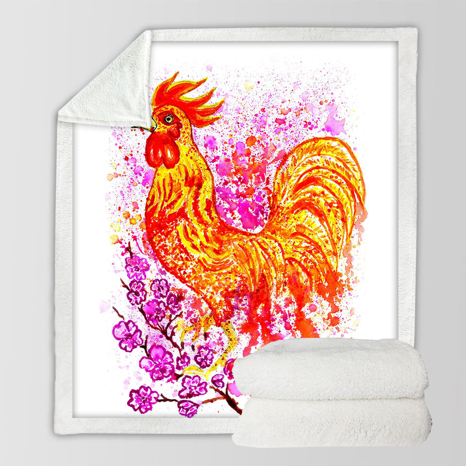 Pink Flowers and Fire Rooster Throw Blanket