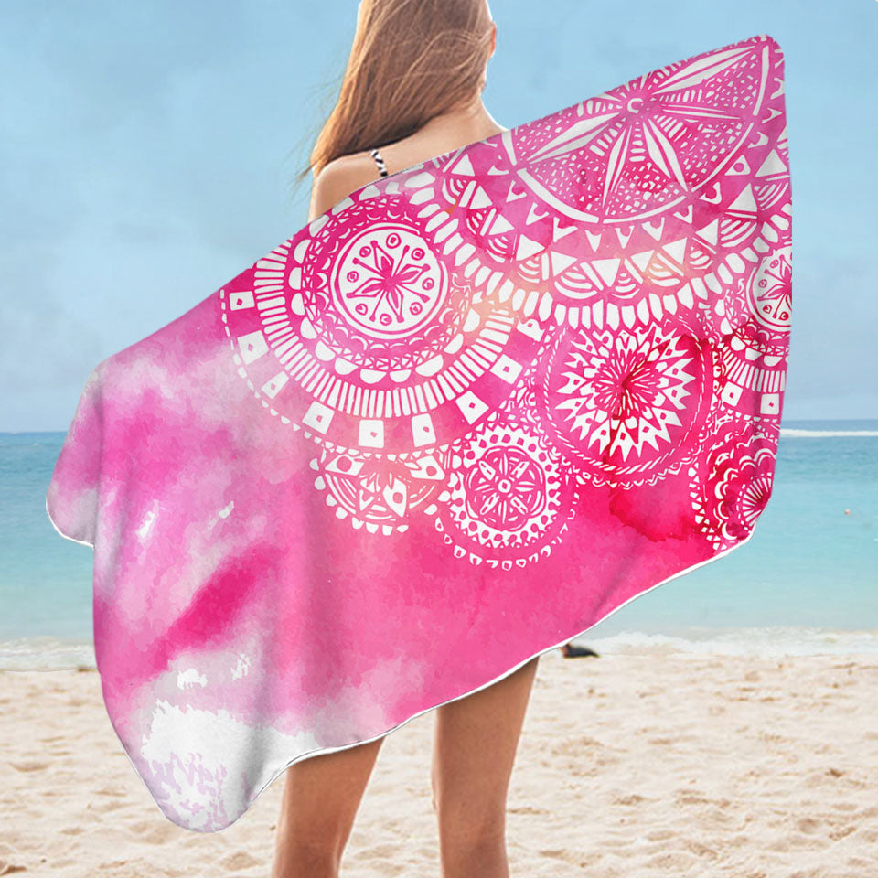 Pink Fog and White Mandalas Unique Beach Towels