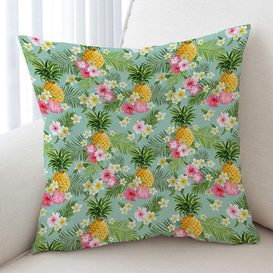 Pink Hibiscus White Plumeria and Pineapple Cushion Cover
