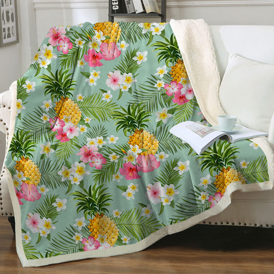 Pink Hibiscus White Plumeria and Pineapple Sherpa Blanket