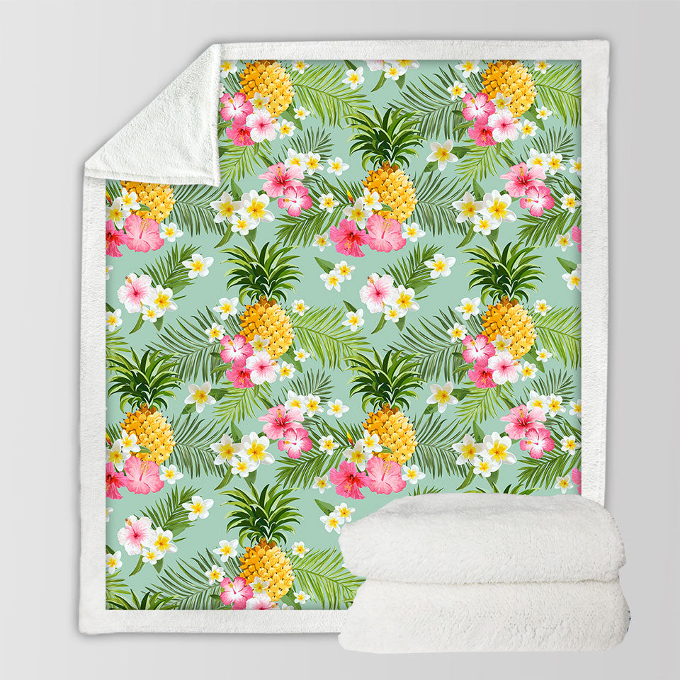 Pink Hibiscus White Plumeria and Pineapple Throw Blanket