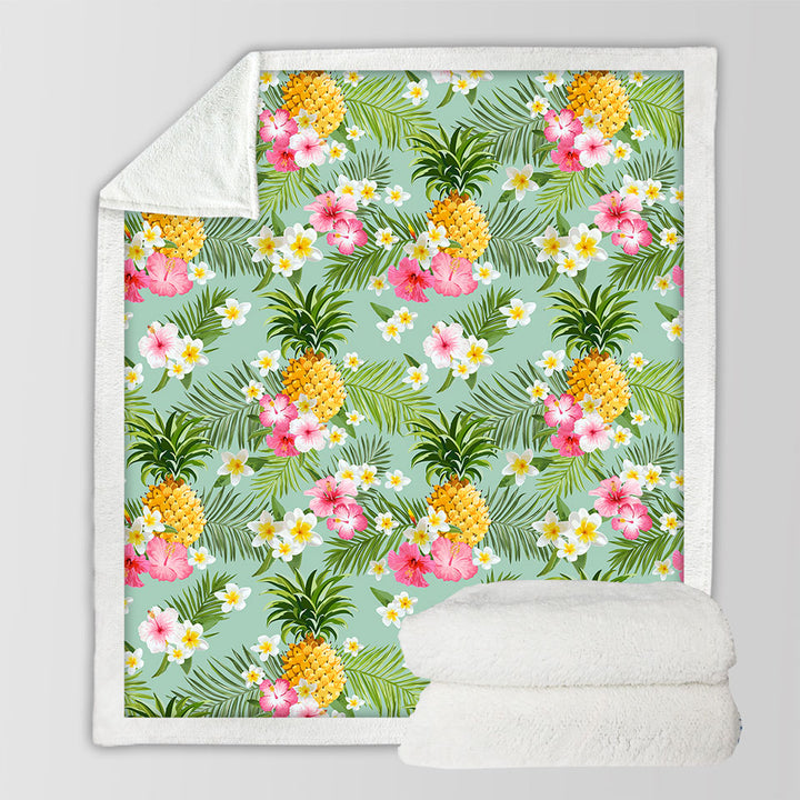Pink Hibiscus White Plumeria and Pineapple Throw Blanket
