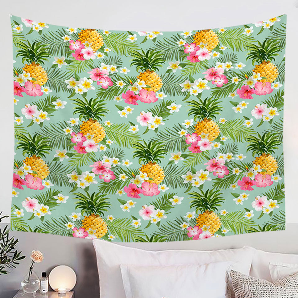 Pink Hibiscus White Plumeria and Pineapple Wall Decor Tapestry