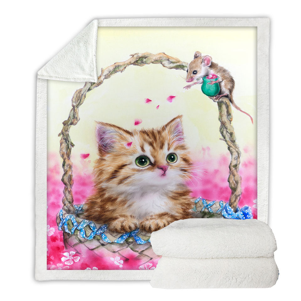 Pink Lightweight Blankets Garden and Ginger Kitty Cat in a Basket