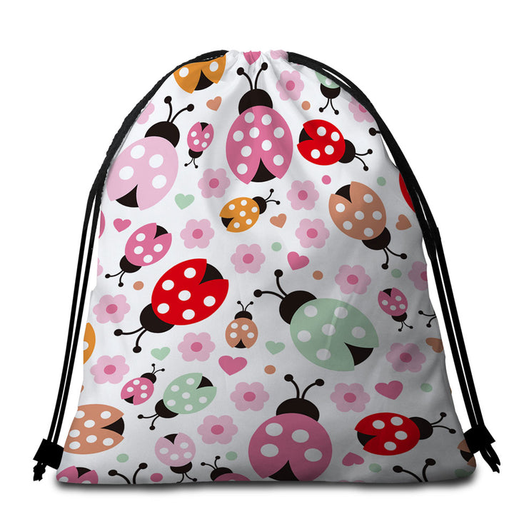 Pink Little Flowers and Ladybugs Beach Towels and Bags Set