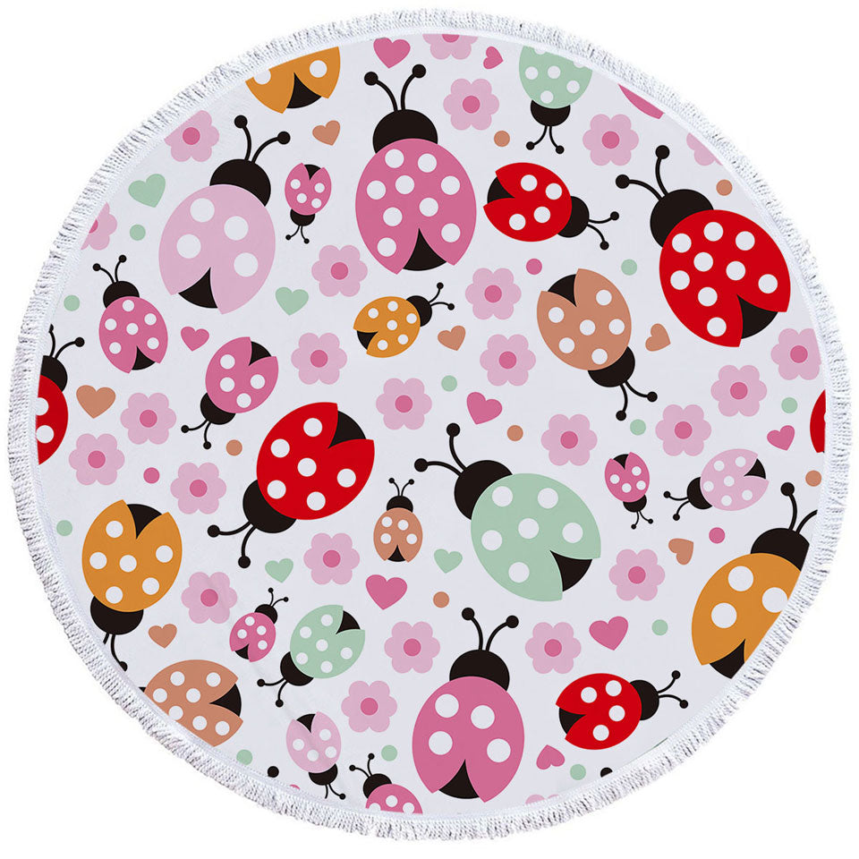 Pink Little Flowers and Ladybugs Circle Beach Towel