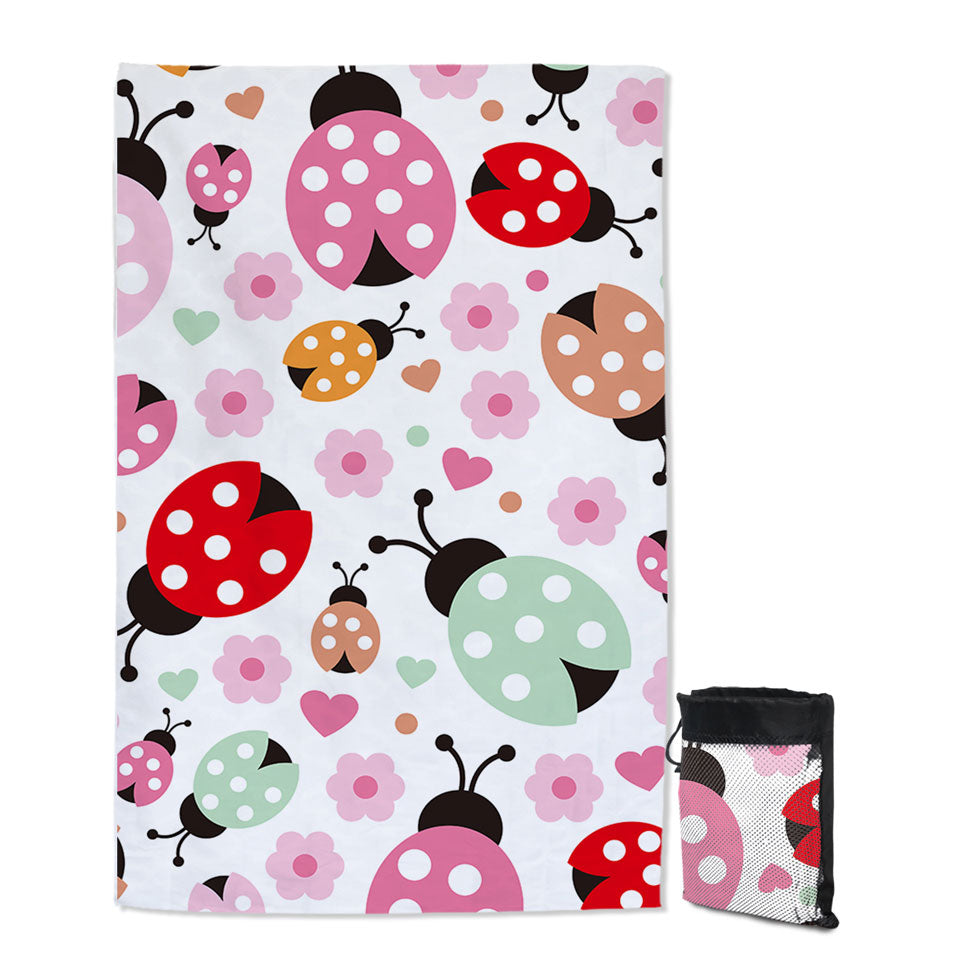 Pink Little Flowers and Ladybugs Quick Dry Beach Towel