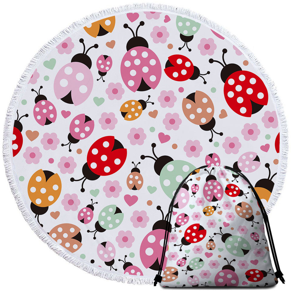 Pink Little Flowers and Ladybugs Round Beach Towel