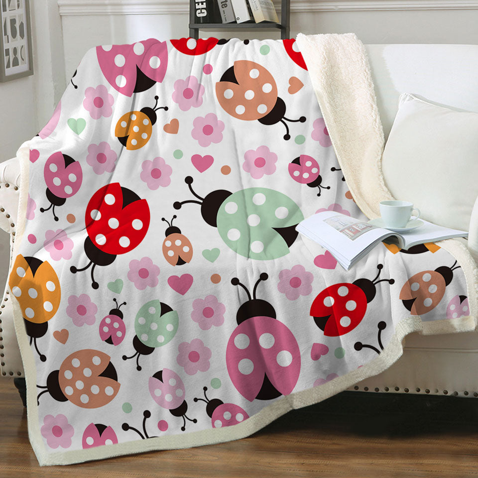 Pink Little Flowers and Ladybugs Throw Blanket
