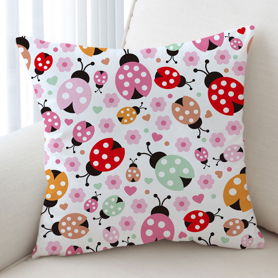 Pink Little Flowers and Ladybugs Throw Pillow