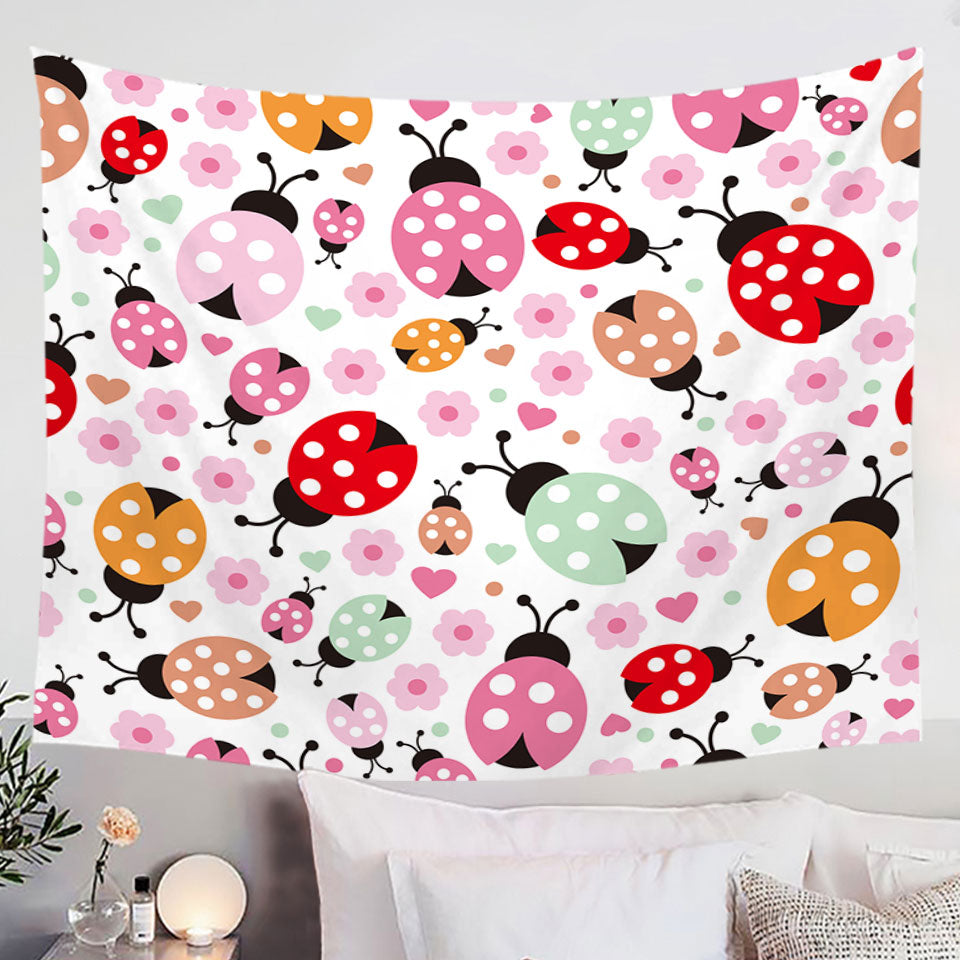 Pink Little Flowers and Ladybugs Wall Art Prints