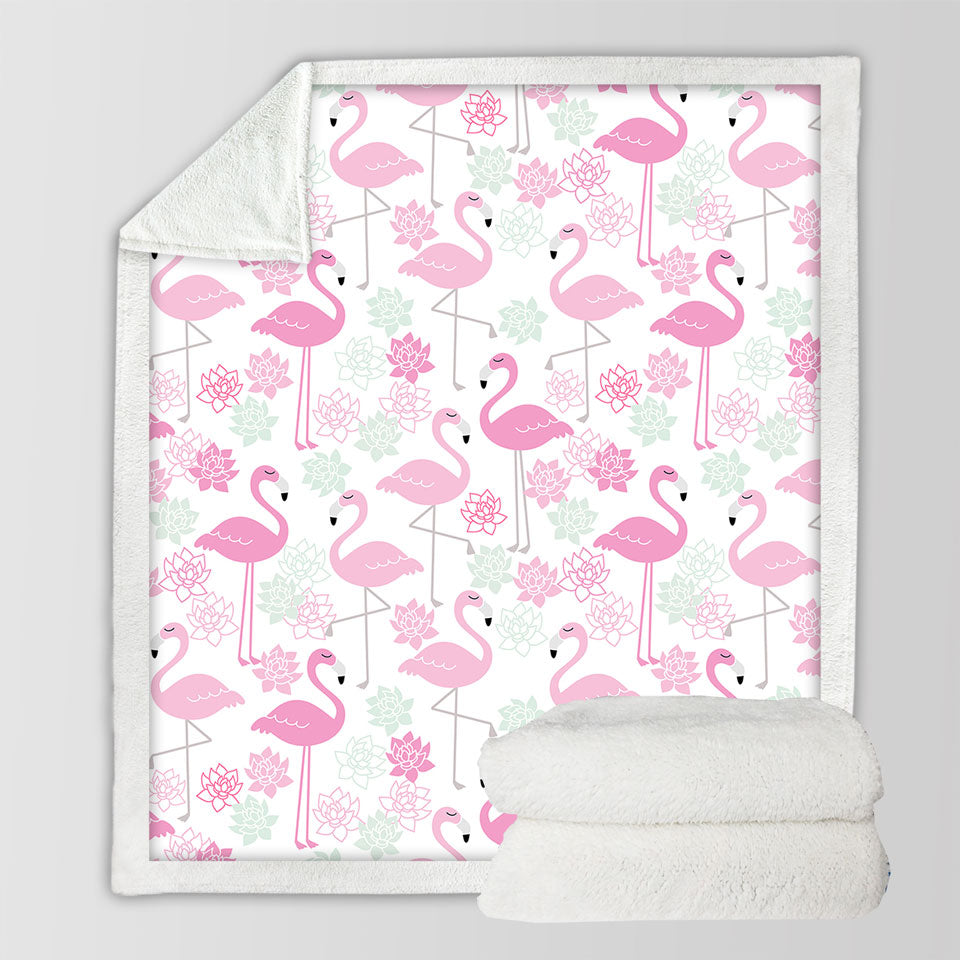 Pink Mint Lilies and Flamingos Throw Blanket