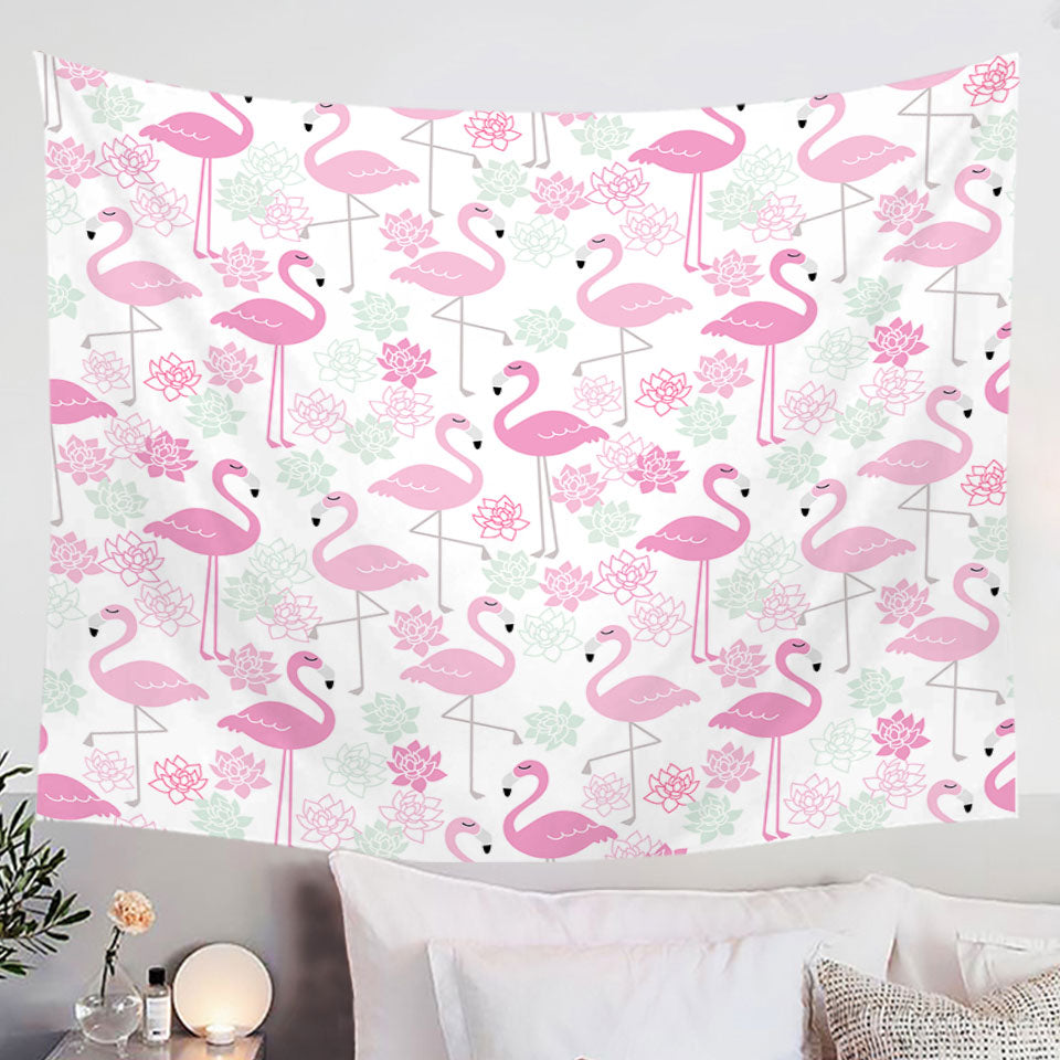 Pink Mint Lilies and Flamingos Wall Decor Tapestry