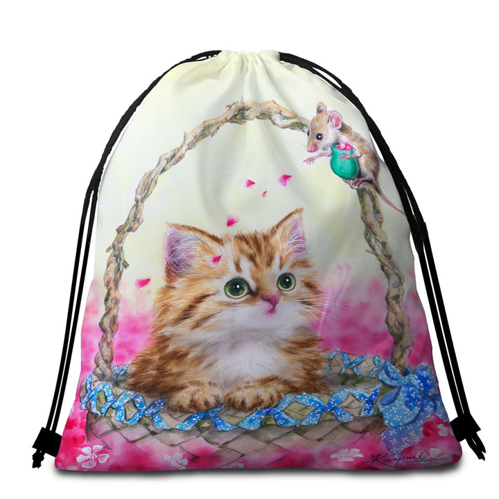 Pink Packable Beach Towel Garden and Ginger Kitty Cat in a Basket