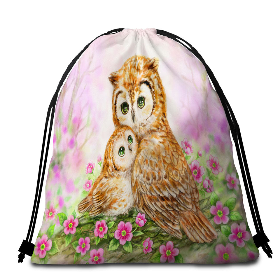 Pink Packable Beach Towel Nature and Flowers Owls Cuddle