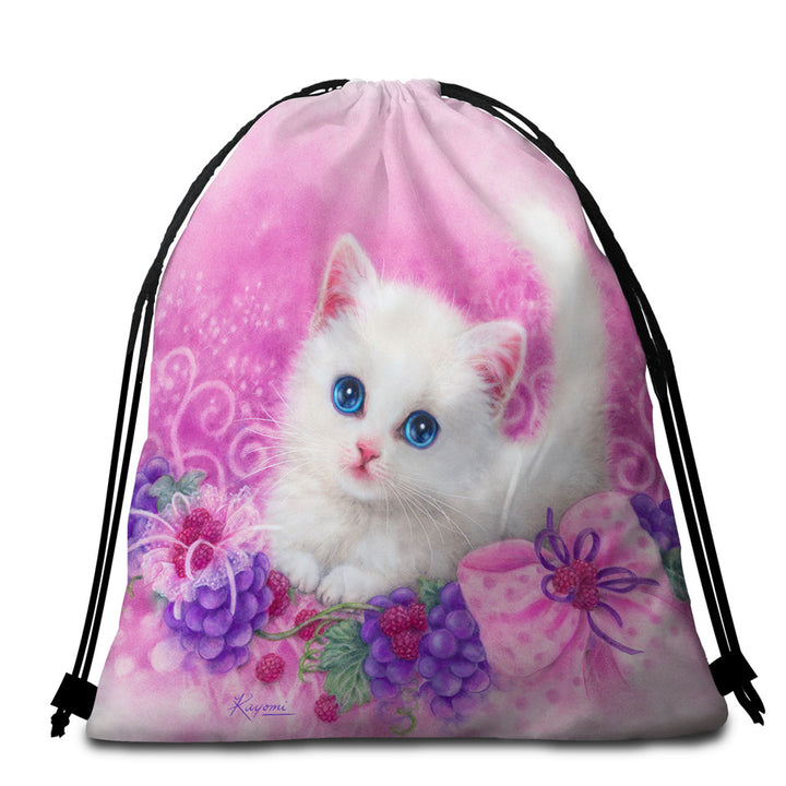 Pink Present White Kitten with Grapes Beach Towel Bags