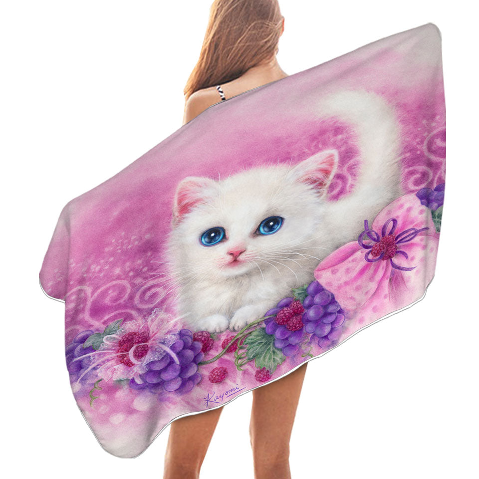 Pink Present White Kitten with Grapes Beach Towels