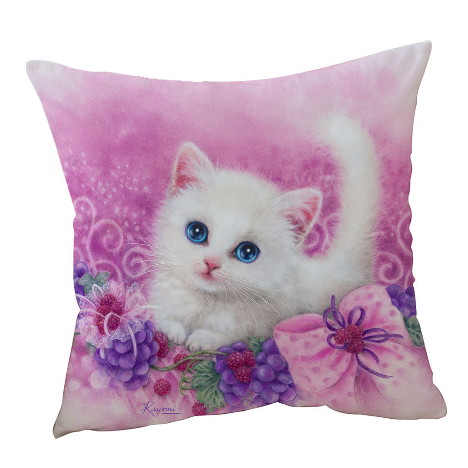 Pink Present White Kitten with Grapes Cushion Cover