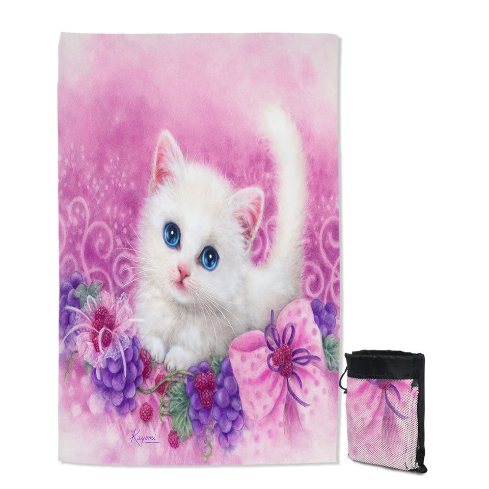 Pink Present White Kitten with Grapes Quick Dry Beach Towel