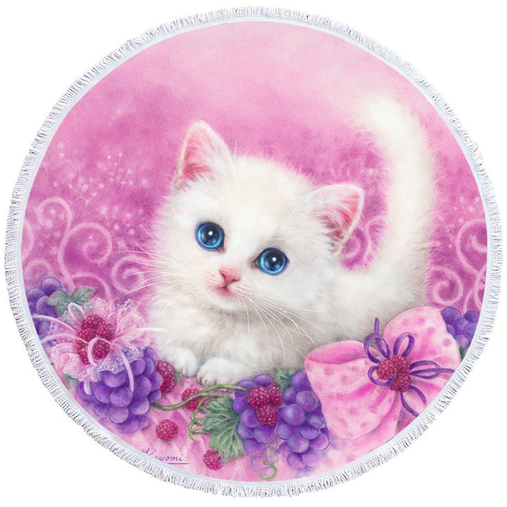 Pink Present White Kitten with Grapes Round Beach Towel