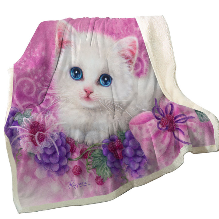 Pink Present White Kitten with Grapes Throw Blanket