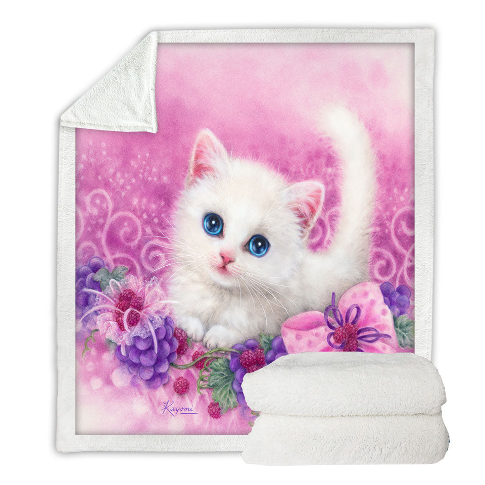 Pink Present White Kitten with Grapes Throws