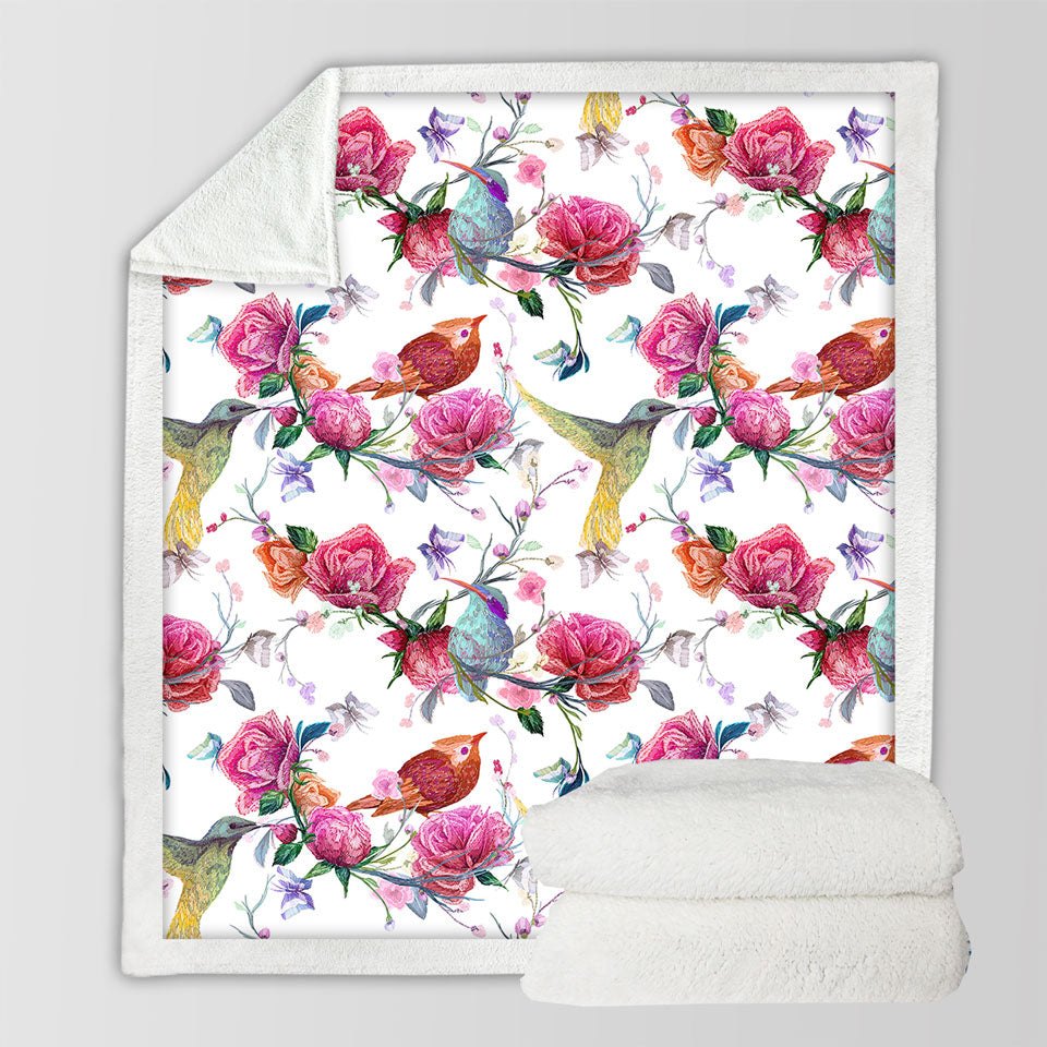 Pink Roses and Beautiful Birds Throw Blanket